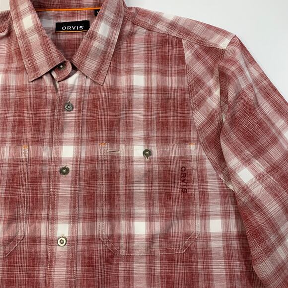 Orvis Shirt Mens L Large Rich Red White Plaid Tech Long Sleeve Outdoor Fishing - Picture 3 of 11